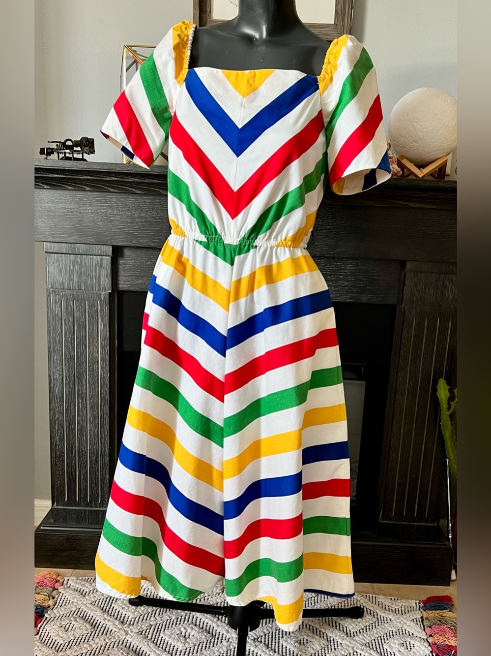 Vintage 80s Raul Blanco Rainbow Striped Chevron Dress